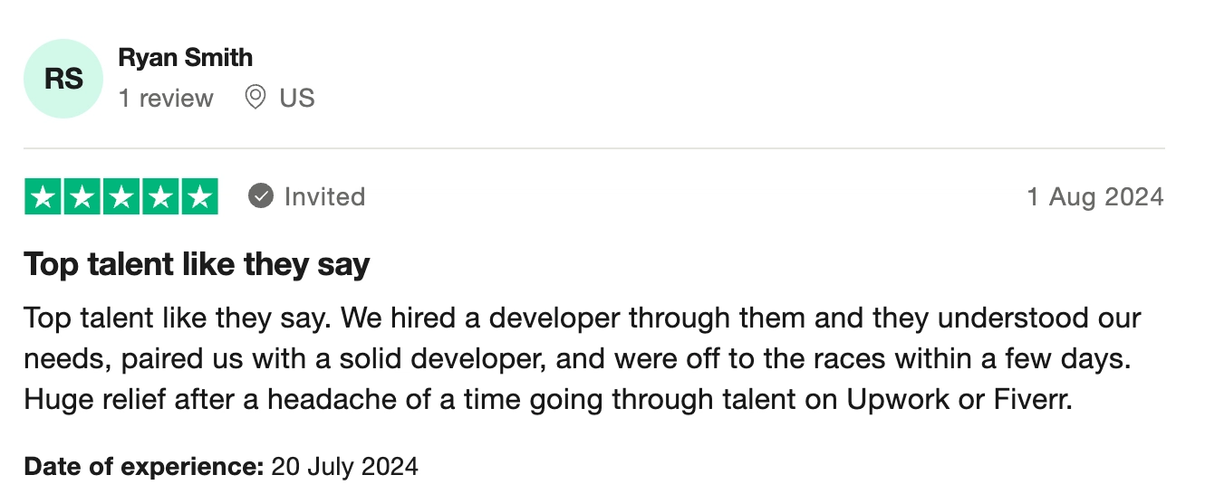 Toptal review from US customer on Trustpilot.com