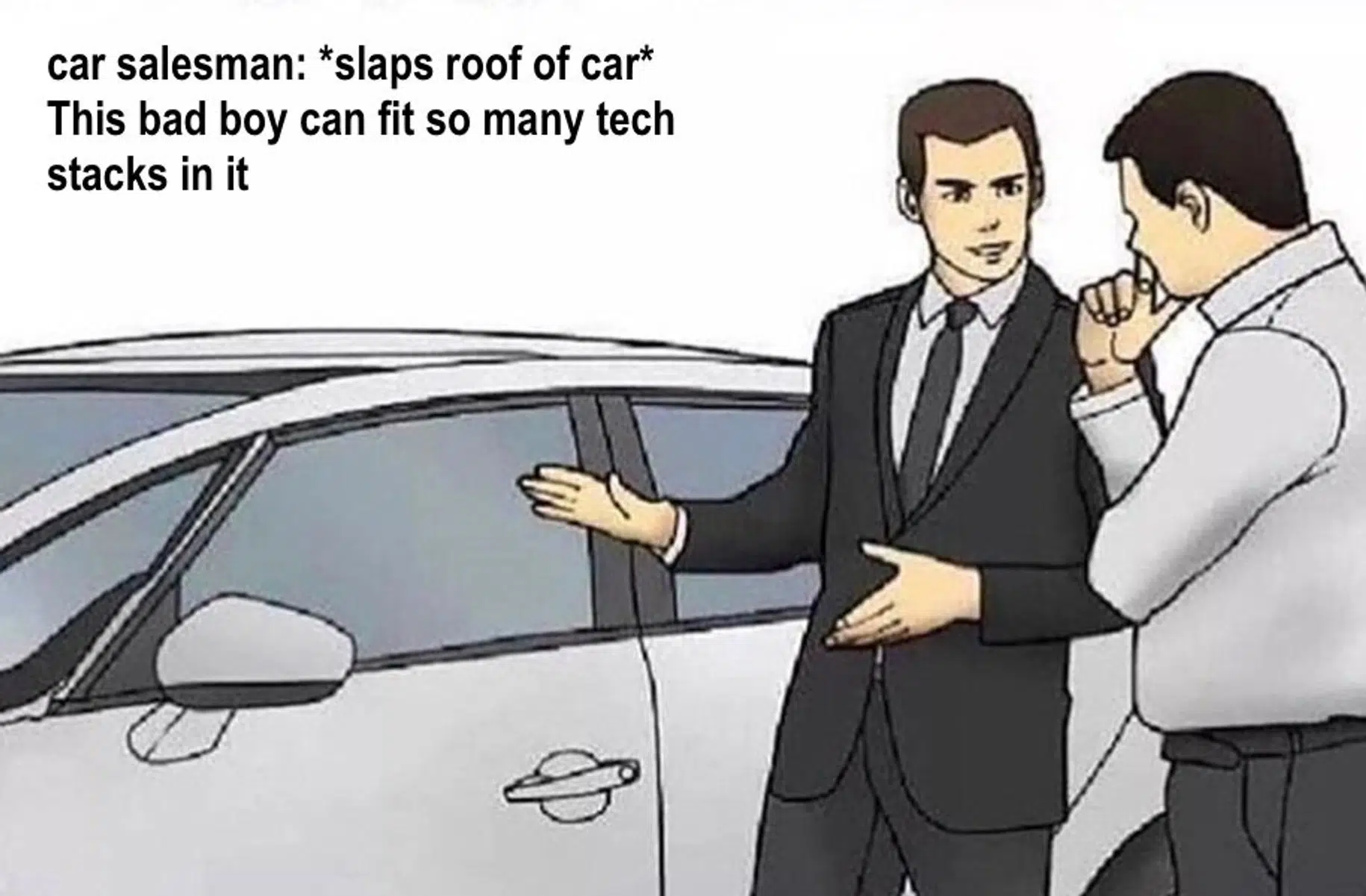 A meme image with a salesman and buyer