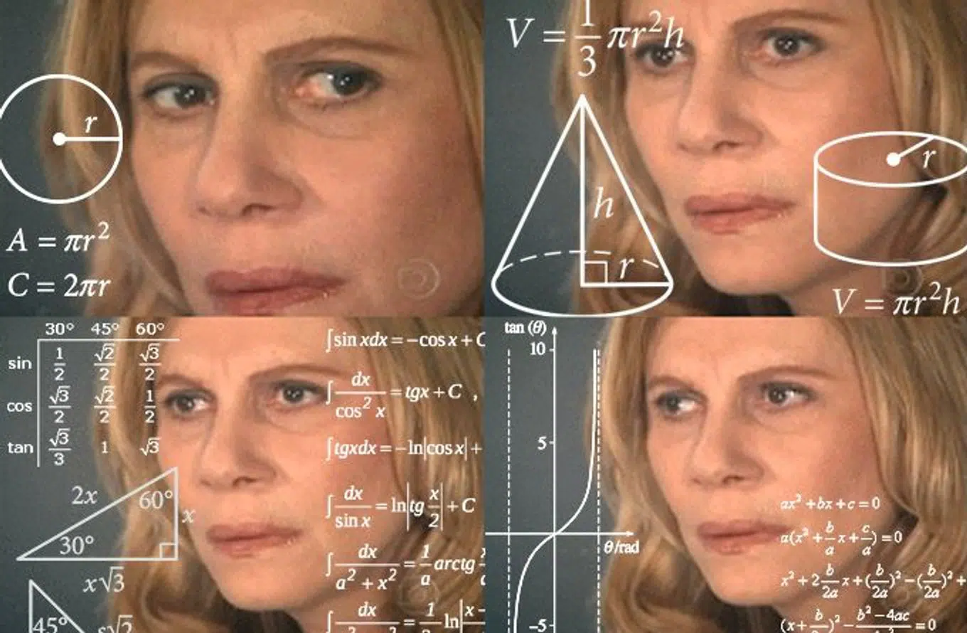 A meme image with a woman and geometry formulas