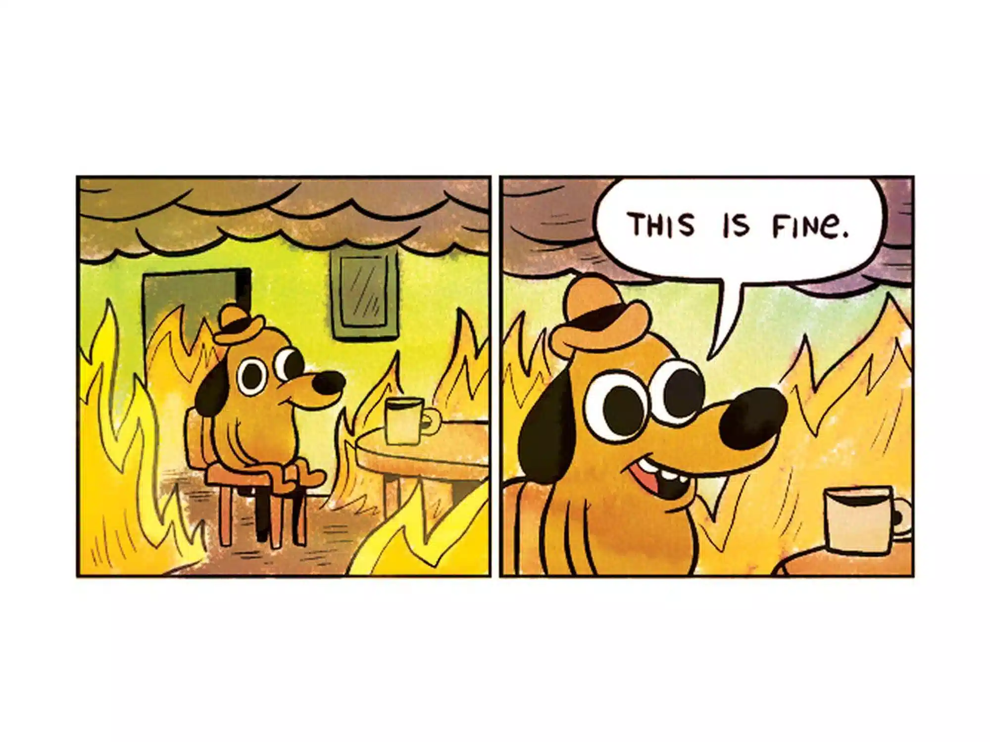 A meme image with a dog surrounded by fire