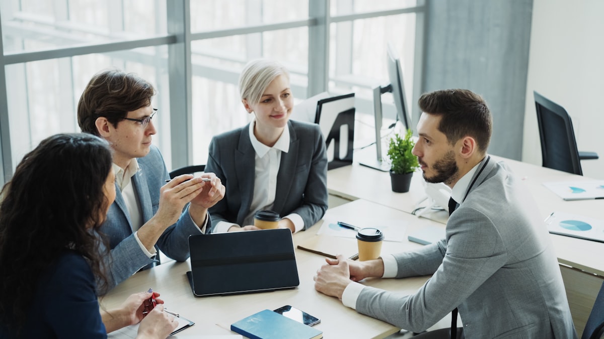 A business team meeting in a modern office